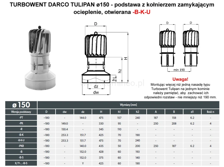 Turbowent DARCO TULIPAN TU150-T-B-K-U podstawa otwierana z kołnierzem zamykającym ocieplenie - schemat