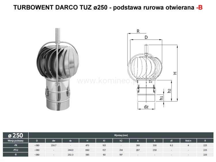 Turbowent DARCO TUZ250-B z zewnętrznym łożyskowaniem - podstawa rurowa otwierana - schemat