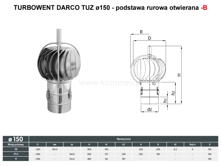 Turbowent DARCO TUZ150-B z zewnętrznym łożyskowaniem - podstawa rurowa otwierana - schemat