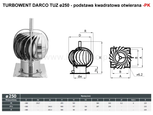 Turbowent DARCO TUZ250-PK z zewnętrznym łożyskowaniem - podstawa kwadratowa - schemat