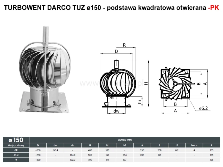 Turbowent DARCO TUZ150-PK z zewnętrznym łożyskowaniem - podstawa kwadratowa - schemat