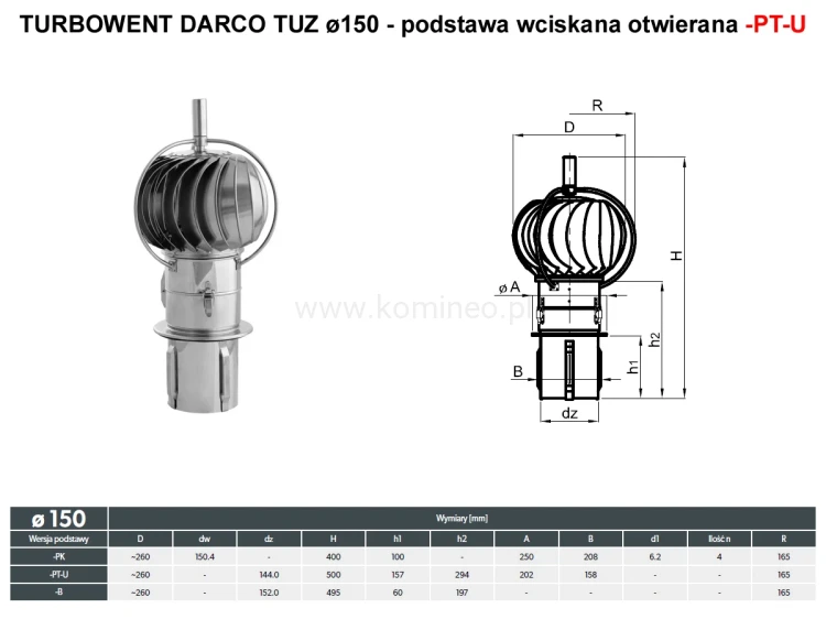 Turbowent DARCO TUZ150-PTU z zewnętrznym łożyskowaniem - podstawa wciskana otwierana - schemat