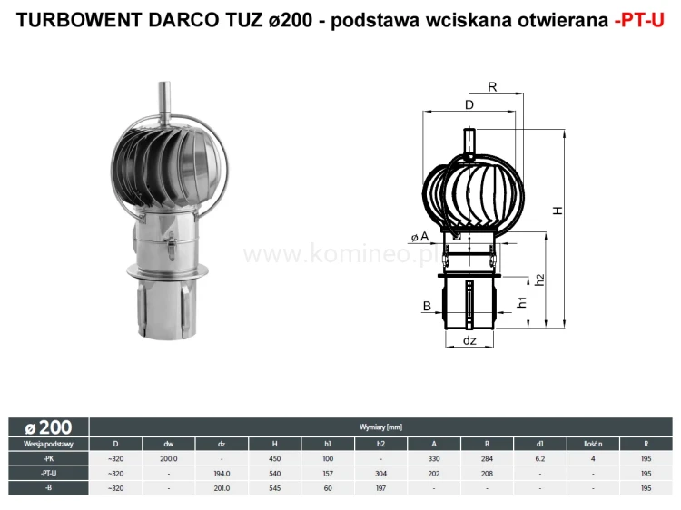 Turbowent DARCO TUZ200-PTU z zewnętrznym łożyskowaniem - podstawa wciskana otwierana - schemat