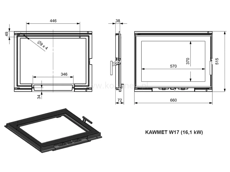 KAWMET W17 (16,1 kW) ECO Wkład kominkowy żeliwny - schemat drzwi