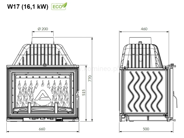 KAWMET W17 (16,1 kW) ECO Wkład kominkowy żeliwny - schemat