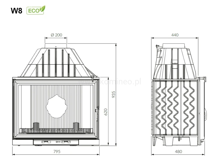 KAWMET W8 (17,5 kW) ECO Wkład kominkowy żeliwny - schemat