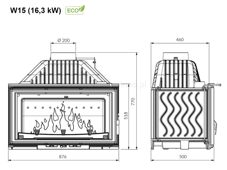 KAWMET W15 (16,3 kW) ECO Wkład kominkowy żeliwny - schemat