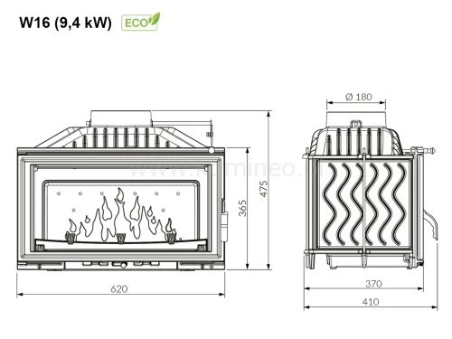 KAWMET W16 (9,4 kW) ECO Wkład kominkowy żeliwny - schemat