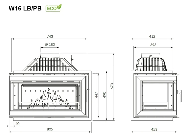 KAWMET W16 LB BLACK (13,5 kW) ECO Wkład kominkowy żeliwny - schemat