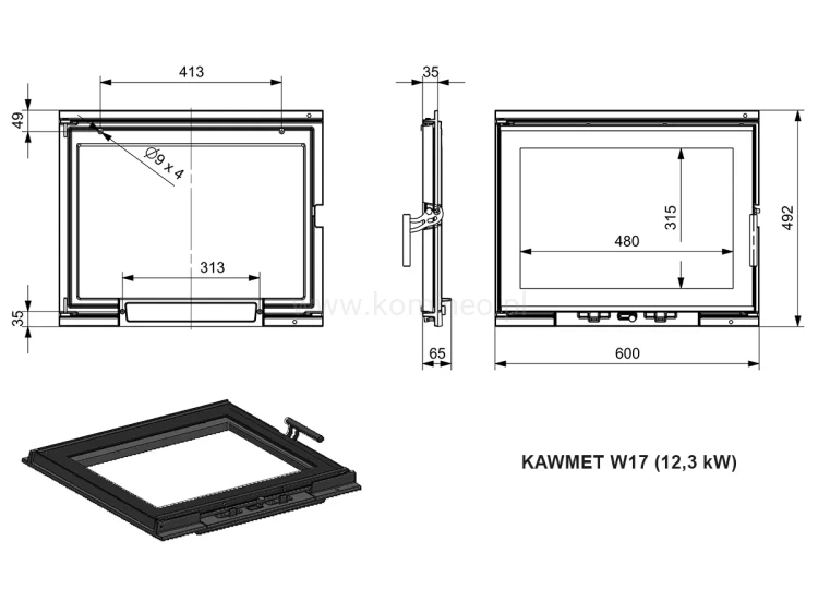KAWMET W17 (12,3 kW) ECO Wkład kominkowy żeliwny - schemat drzwi