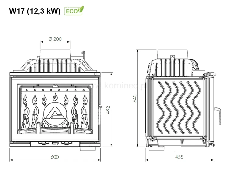 KAWMET W17 (12,3 kW) ECO Wkład kominkowy żeliwny - schemat
