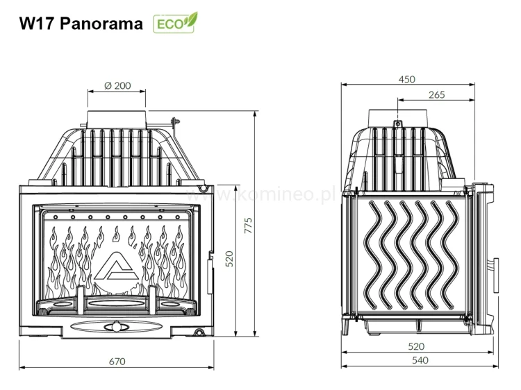 KAWMET W17 Panorama (16,1 kW) ECO Wkład kominkowy żeliwny - schemat