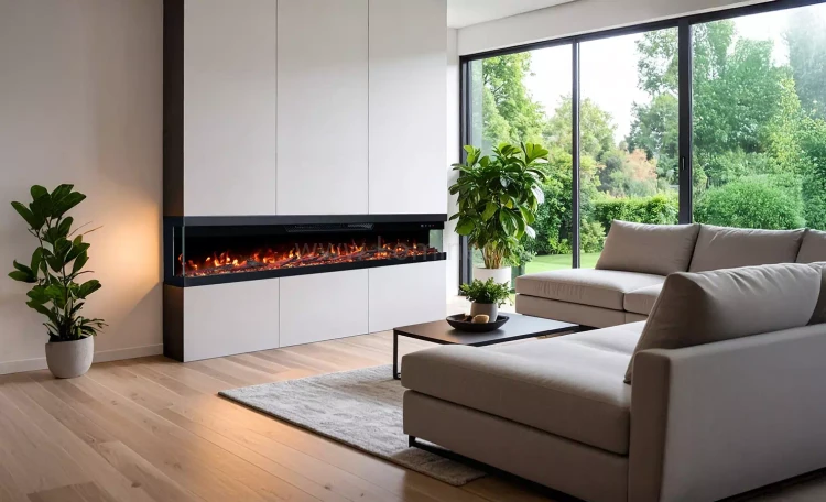 Emotion Flame UNITY 183 Kominek elektryczny trójstronny - aranżacja, zabudowa trójstronna w nowoczesnym salonie