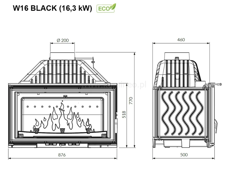 Wkład kominkowy KAWMET W16 BLACK (16,3 kW) ECO - schemat