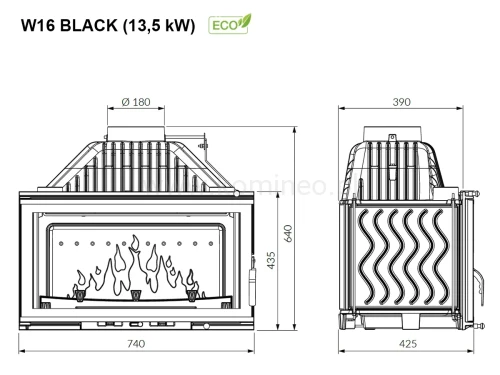 KAWMET W16 BLACK (13,5 kW) ECO Wkład kominkowy żeliwny - schemat