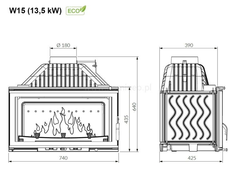 KAWMET W15 (13,5 kW) ECO Wkład kominkowy żeliwny - schemat