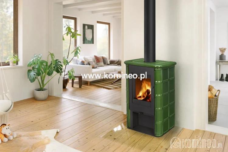 Piec kominkowy ROMOTOP SIENA N 02 zielony aranżacja.webp