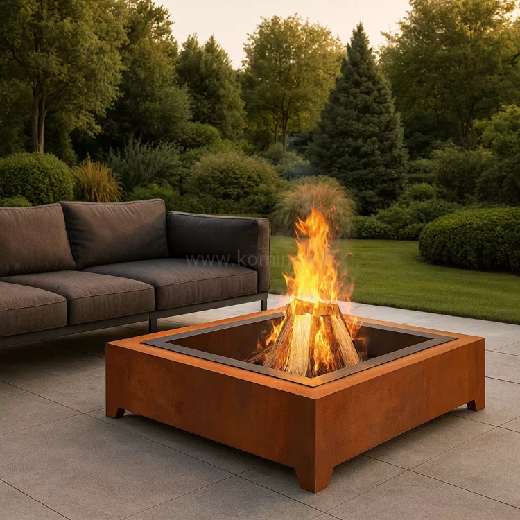 Palenisko ogrodowe INGARDEN CORTEN SQUARE 1000 ze stali corten ustawione na tasie