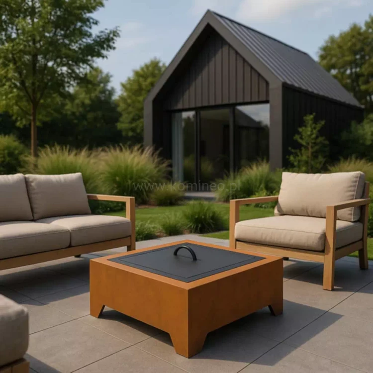 Palenisko ogrodowe INGARDEN CORTEN SQUARE 1000 ze stali corten z pokrywą, w ogrodzie