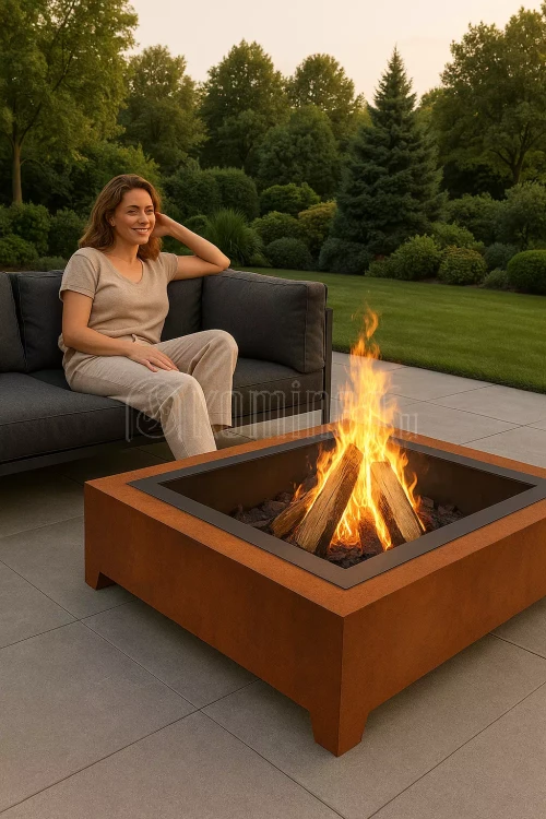 Palenisko ogrodowe INGARDEN CORTEN SQUARE 1000 w strefie relaksu na tarasie