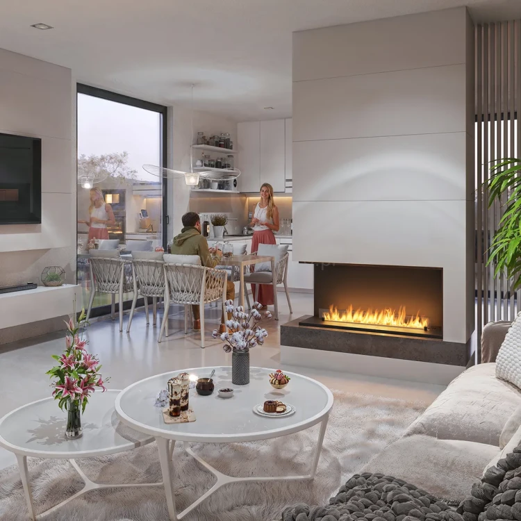 INFIRE ETRONIC L 1200 - biokominek automatyczny do zabudowy narożny aranżacja