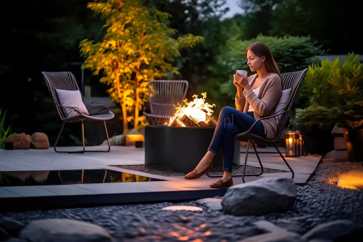 Czarne palenisko ogrodowe INGARDEN BLACK ROUND 700 w kształcie koła na tarasie