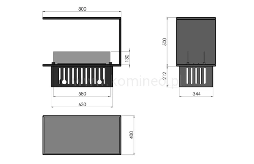 INFIRE INSIDE INVAPO U800 Kominek elektryczny 3D trójstronny do zabudowy - wymiary