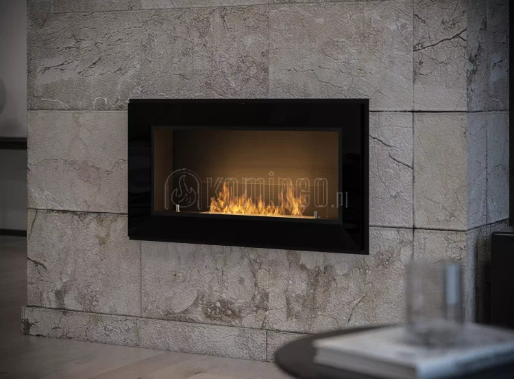 Biokominek SIMPLE fire FRAME 900 CZARNY POŁYSK - biokominek do zabudowy lub powieszenia na ścianie, szerokość 90 cm, z szybą