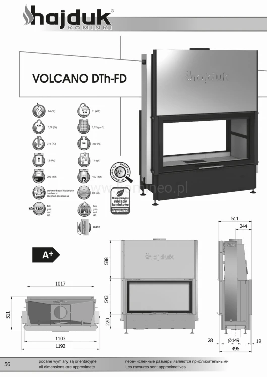Karta techniczna HAJDUK VOLCANO DTh-FD Wkład kominkowy vis a vis