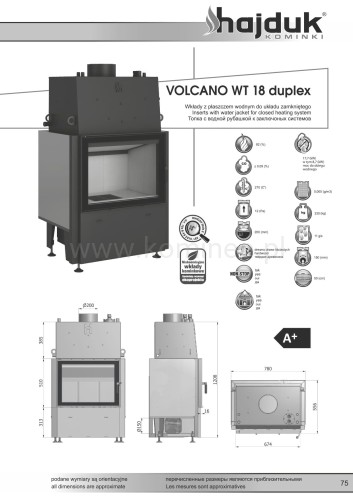 Karta techniczna HAJDUK VOLCANO WT-18 szyba duplex Wkład z płaszczem wodnym
