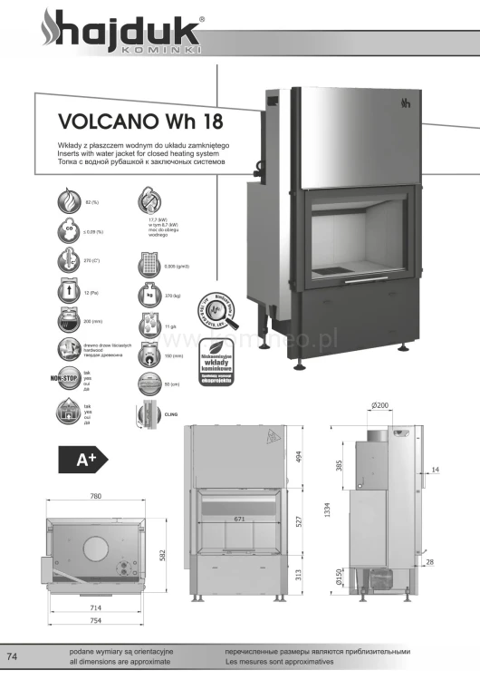 Karta techniczna HAJDUK VOLCANO WTh-18 szyba duplex Wkład z płaszczem wodnym