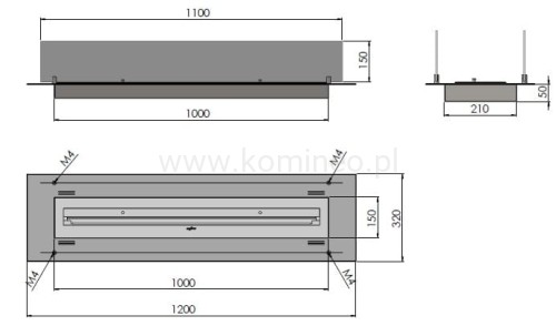 Biokominek do zabudowy INFIRE INSERT 1200 schemat