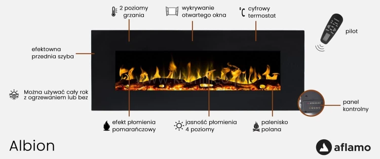 Kominek elektryczny AFLAMO ALBION 33 CZARNY funckje