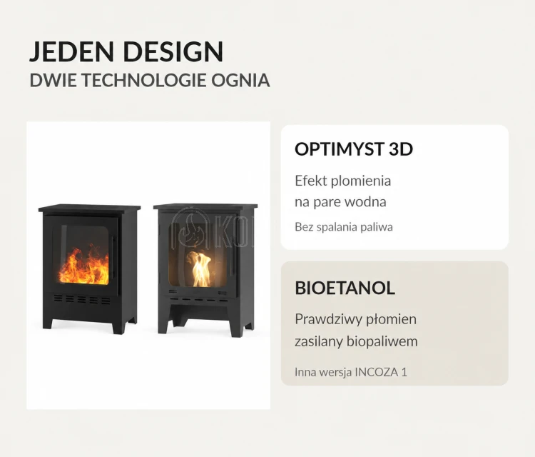 INFIRE INCOZA 1 tradycyjny wygląd pieca wolnostojącego dostępny jako kominek elektryczny i biokominek