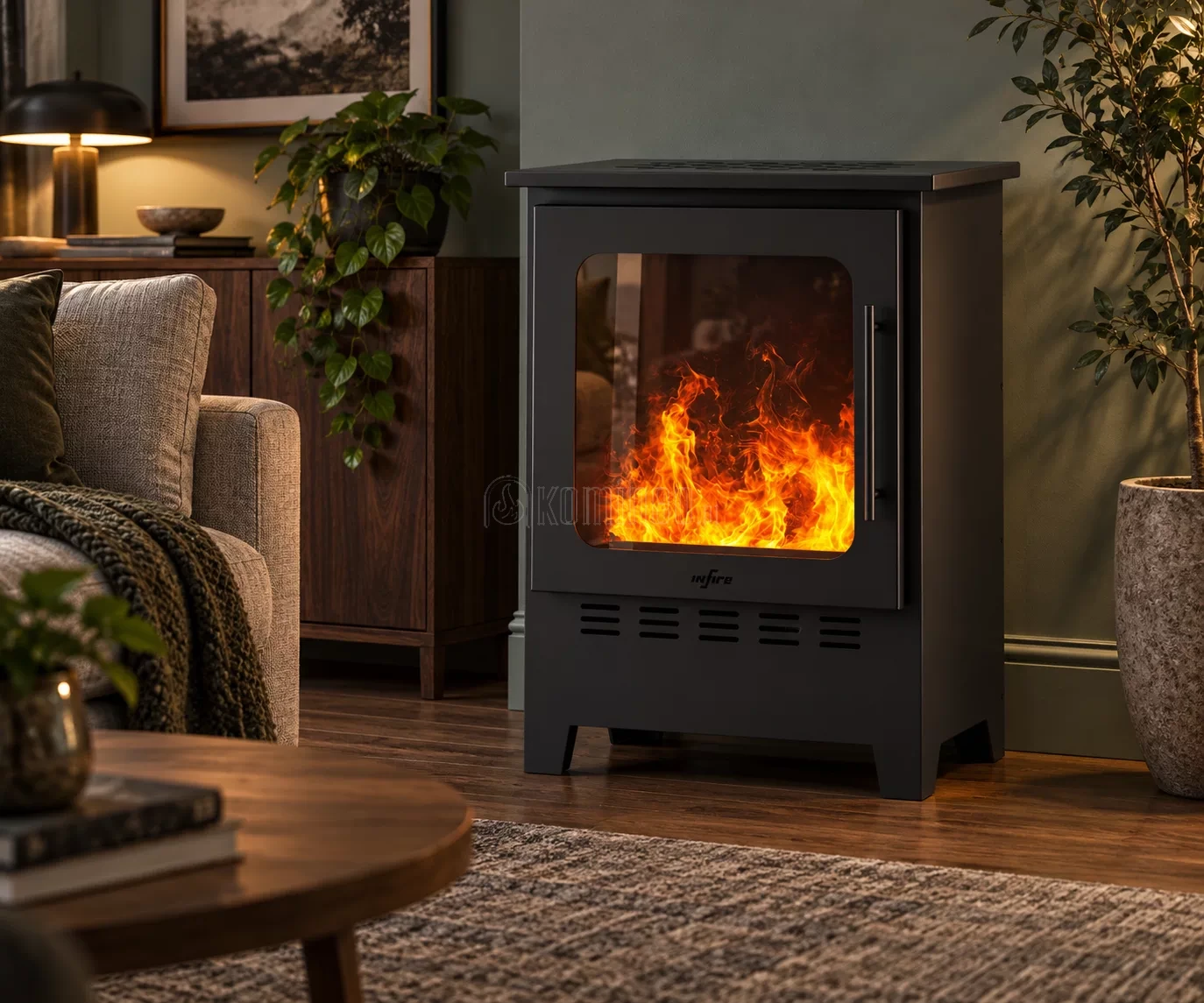 INFIRE INVAPO INCOZA 1 designerski wolnostojący kominek elektryczny na parę wodną w eleganckim wnętrzu