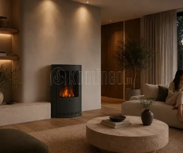 INFIRE INVAPO INCOZA OVAL czarny wolnostojący kominek elektryczny 3D Optimyst w nowoczesnym salonie