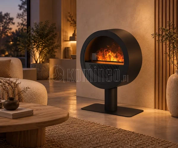 Czarny designerski kominek elektryczny wolnostojący INFIRE INVAPO INCYRCLE STAND w luksusowym wnętrzu