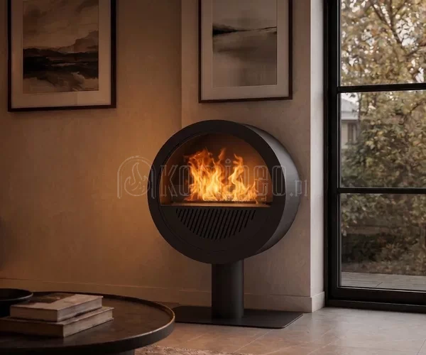 INFIRE INVAPO INCYRCLE STAND czarny kominek elektryczny wolnostojący 3D Optimyst w eleganckim salonie