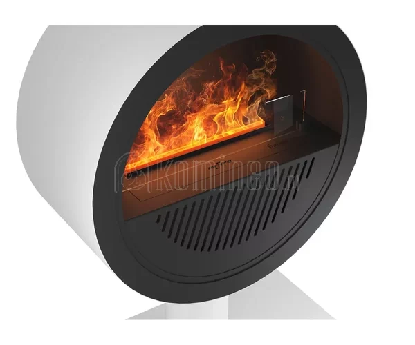 Biały designerski kominek elektryczny wolnostojący INFIRE INVAPO INCYRCLE STAND w aranżacji salonu