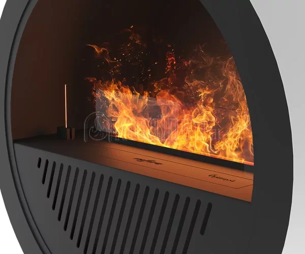 Detal paleniska i szyby Antisol w kominku elektrycznym INFIRE INVAPO INCYRCLE STAND