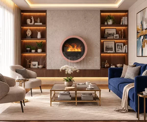 INFIRE INVAPO INCYRCLE WALL okrągły kominek elektryczny 3D zawieszony na ścianie w eleganckim salonie