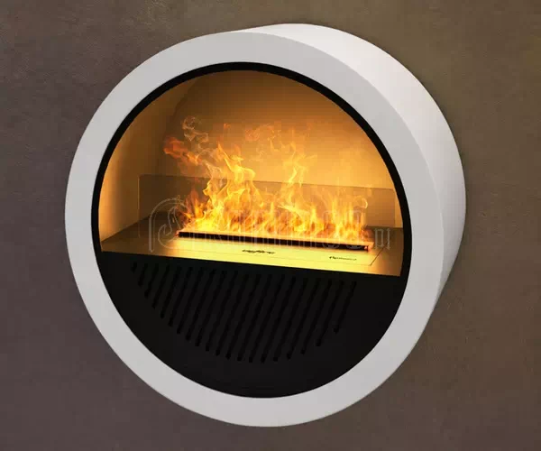 Zielony okrągły kominek elektryczny INFIRE INVAPO INCYRCLE WALL zawieszony na ścianie w nowoczesnym salonie