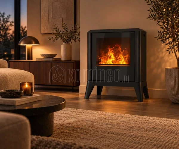 INFIRE INVAPO INPURO QUATRO czarny kominek elektryczny wolnostojący 3D Optimyst w nowoczesnym salonie