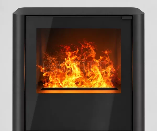 Zbliżenie na przeszklone drzwiczki i palenisko Dimplex Optimyst kominka INFIRE INVAPO INPURO QUATRO